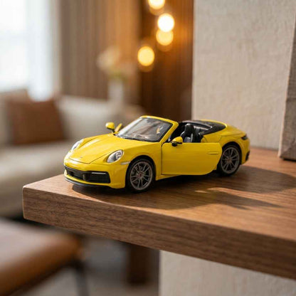 MSZ 1:32 Porsche 911 Carrera Cabriolet Diecast Car, Yellow – Pull Back Convertible Model for Collectors