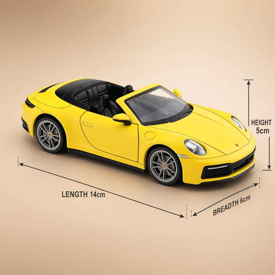 MSZ 1:32 Porsche 911 Carrera Cabriolet Diecast Car, Yellow – Pull Back Convertible Model for Collectors