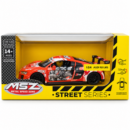 MSZ 1:24 Audi R8 LMS Diecast Racing Car, Red Graffiti Design – Collectible Model & Gift for Car Enthusiasts