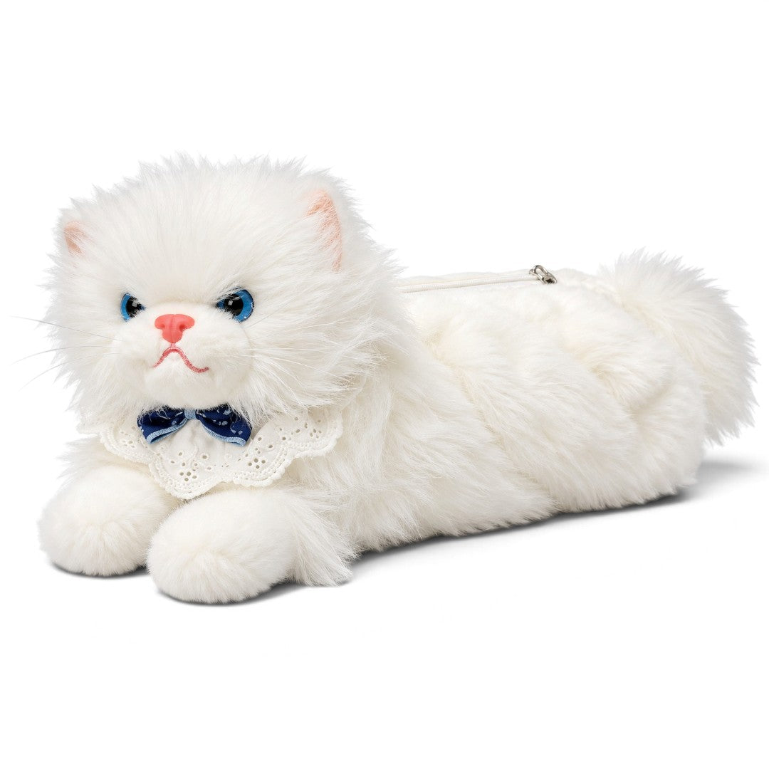 Meowing Plush Persian Cat Handbag & Crossbody Bag | Fluffy White Kitty Purse with Adjustable Strap & Lace Collar for Girls & Women