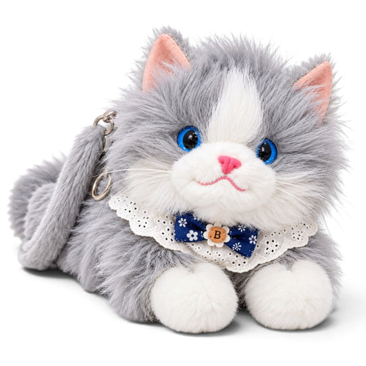 Meowing Plush Grey & White Cat Handbag & Crossbody Bag | Fluffy Kitty Purse with Adjustable Strap & Lace Collar for Girls & Women