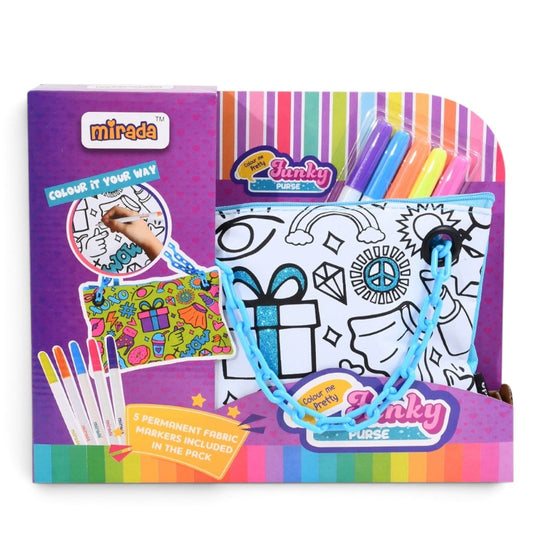 Mirada Colour Me Pretty Funky Purse DIY Craft Kit for Kids | Color Your Own Handbag Set with 5 Permanent Fabric Markers & Chain Strap