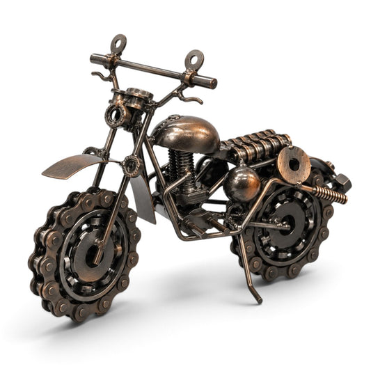 Handcrafted Vintage Metal Motorcycle Sculpture | Steampunk Recycled Scrap Iron Bike Miniature Showpiece | Antique Copper-Bronze Metal Art Collectible for Desk & Home Decor