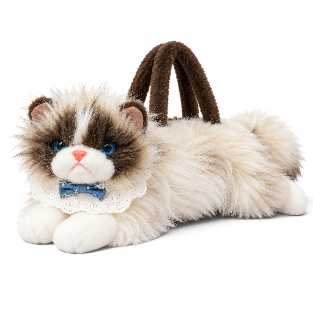 Meowing Plush Ragdoll Cat Handbag & Crossbody Bag | Fluffy Ragdoll Kitty Purse with Adjustable Strap & Lace Collar for Girls & Women