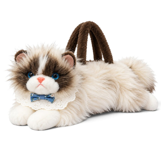 Meowing Plush Ragdoll Cat Handbag & Crossbody Bag | Fluffy Ragdoll Kitty Purse with Adjustable Strap & Lace Collar for Girls & Women