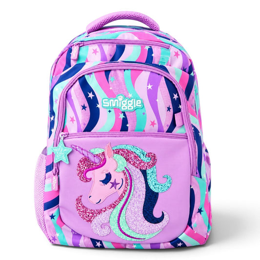 Smiggle Classic Unicorn School Backpack for Girls | Pink & Purple Glitter Unicorn Kids School Bag with Side Bottle Sleeves (16-Inch)