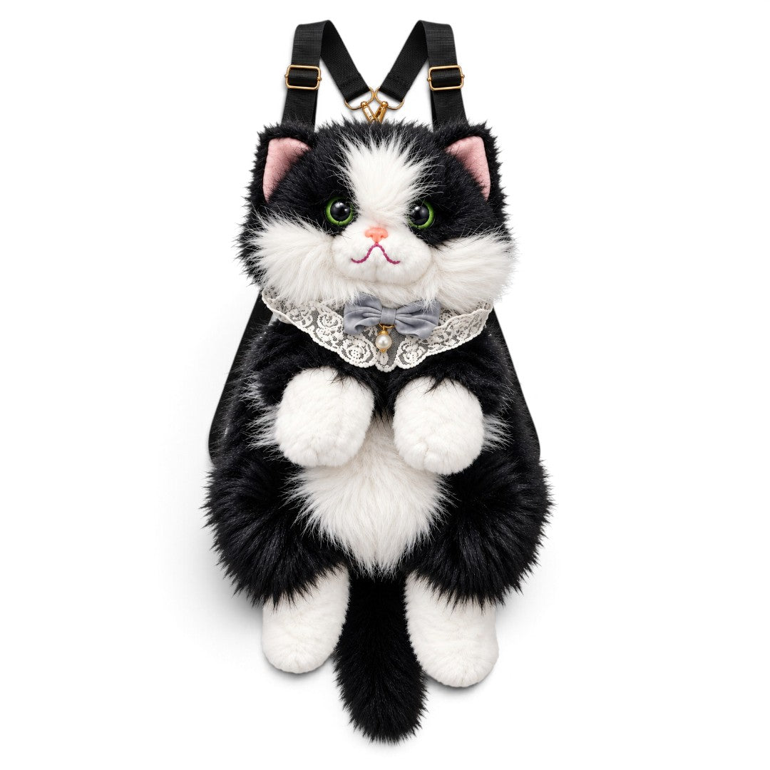 Meowing Plush Grey & White Cat Handbag & Crossbody Bag | Fluffy Kitty Purse with Adjustable Strap & Lace Collar for Girls & Women