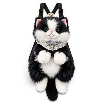 Meowing Plush Grey & White Cat Handbag & Crossbody Bag | Fluffy Kitty Purse with Adjustable Strap & Lace Collar for Girls & Women