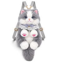 Fluffy Grey & White Cat Backpack & Crossbody Bag | Cute Plush Kitty Daypack with Pink Paw Pads, Lace Collar, Pearl Bowtie & Adjustable Straps for Girls & Women