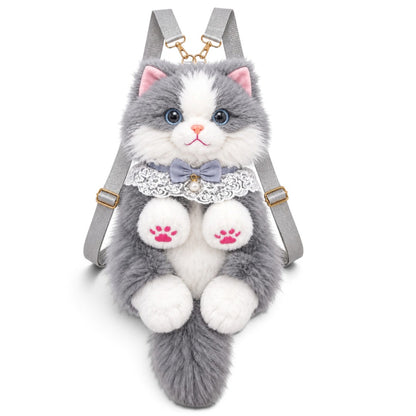 Fluffy Grey & White Cat Backpack & Crossbody Bag | Cute Plush Kitty Daypack with Pink Paw Pads, Lace Collar, Pearl Bowtie & Adjustable Straps for Girls & Women