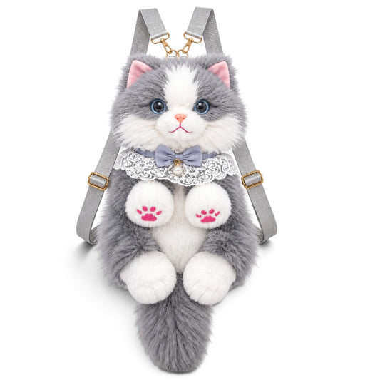 Fluffy Grey & White Cat Backpack & Crossbody Bag | Cute Plush Kitty Daypack with Pink Paw Pads, Lace Collar, Pearl Bowtie & Adjustable Straps for Girls & Women