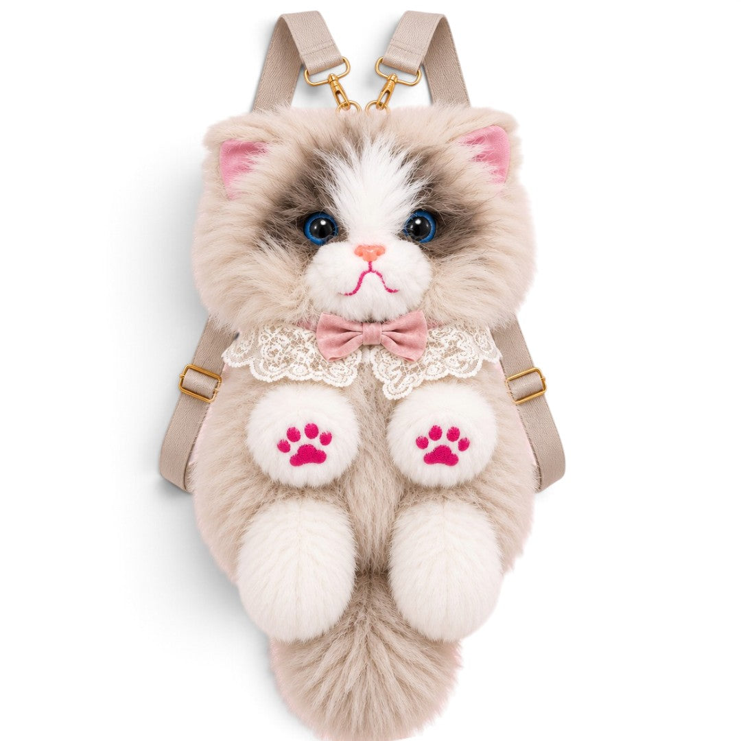 Fluffy Seal Point Cat Backpack & Crossbody Bag | Cute Plush Ragdoll Kitty Daypack with Pink Paw Pads, Lace Collar, Pink Bowtie & Adjustable Straps for Girls & Women