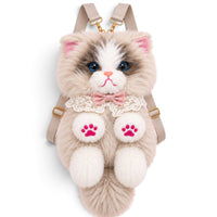 Fluffy Seal Point Cat Backpack & Crossbody Bag | Cute Plush Ragdoll Kitty Daypack with Pink Paw Pads, Lace Collar, Pink Bowtie & Adjustable Straps for Girls & Women
