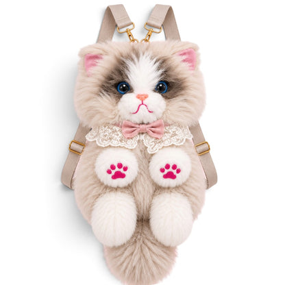 Fluffy Seal Point Cat Backpack & Crossbody Bag | Cute Plush Ragdoll Kitty Daypack with Pink Paw Pads, Lace Collar, Pink Bowtie & Adjustable Straps for Girls & Women