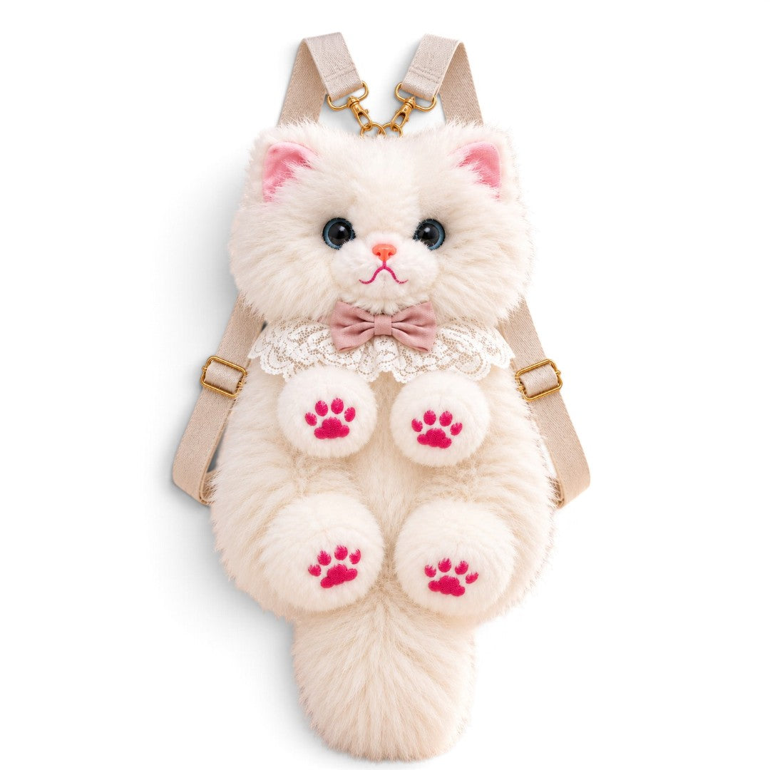Fluffy White Persian Cat Backpack & Convertible Bag | Cute Plush Kitty Daypack with Pink Paw Pads, Lace Collar, Pink Bowtie & Adjustable Straps for Girls & Women