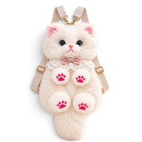 Fluffy White Persian Cat Backpack & Convertible Bag | Cute Plush Kitty Daypack with Pink Paw Pads, Lace Collar, Pink Bowtie & Adjustable Straps for Girls & Women