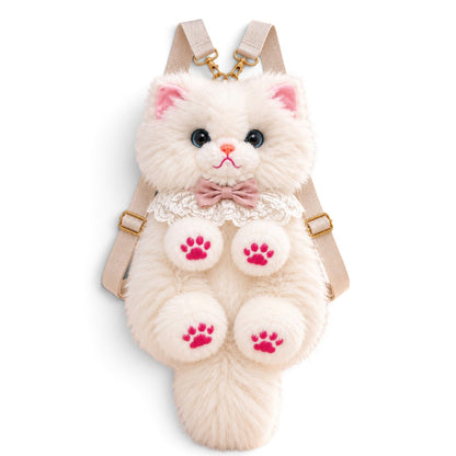 Fluffy White Persian Cat Backpack & Convertible Bag | Cute Plush Kitty Daypack with Pink Paw Pads, Lace Collar, Pink Bowtie & Adjustable Straps for Girls & Women
