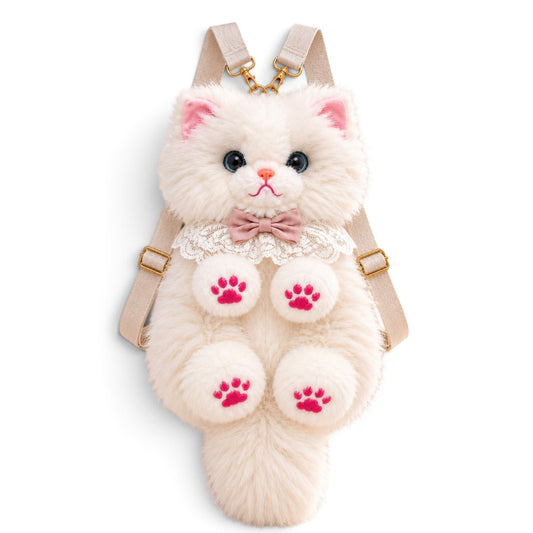 Fluffy White Persian Cat Backpack & Convertible Bag | Cute Plush Kitty Daypack with Pink Paw Pads, Lace Collar, Pink Bowtie & Adjustable Straps for Girls & Women