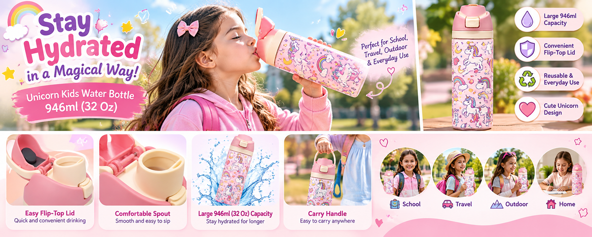Unicorn Kids Water Bottle 946ml (32 Oz) Large Capacity Pink Sipper Bottle with Flip Top Lid, Cute Rainbow, Stars & Unicorn Printed Design, Reusable Drinking Bottle for Girls, School, Travel & Outdoor Use - details 1