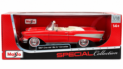 Maisto Special Collection 1957 Chevrolet Bel Air Convertible 1:18 Scale Diecast Metal Model Car – Red with Cream Interior, Premium Collectible Display Model for Car Enthusiasts, Ages 14+