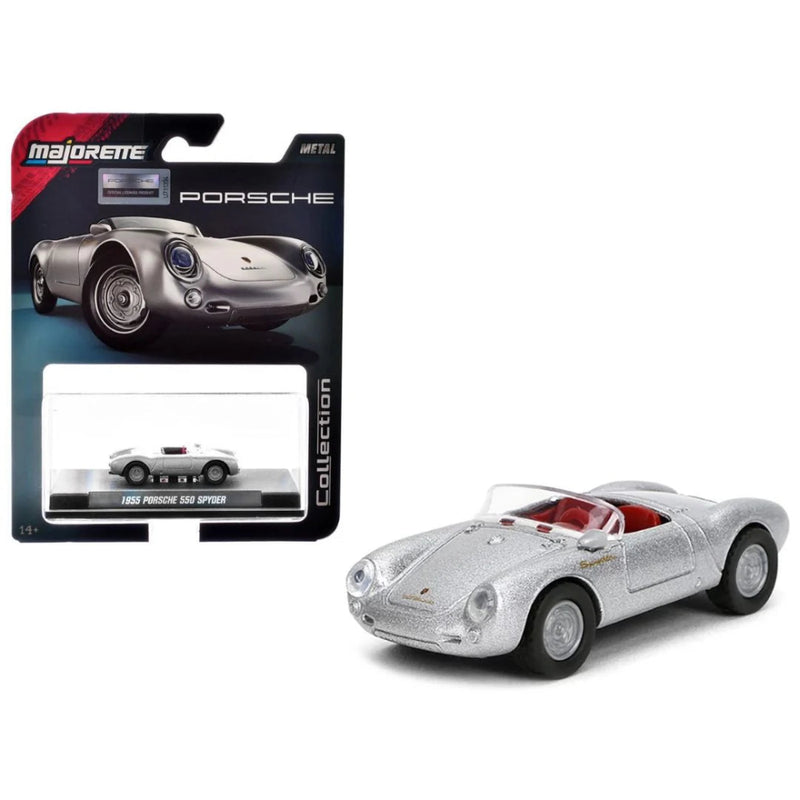 Majorette 1:64 Scale 1955 Porsche 550 Spyder Silver Collector’s Edition Die-Cast Model Car | Metal Chassis, Rubber Tyres & Premium Display Show Case Collection