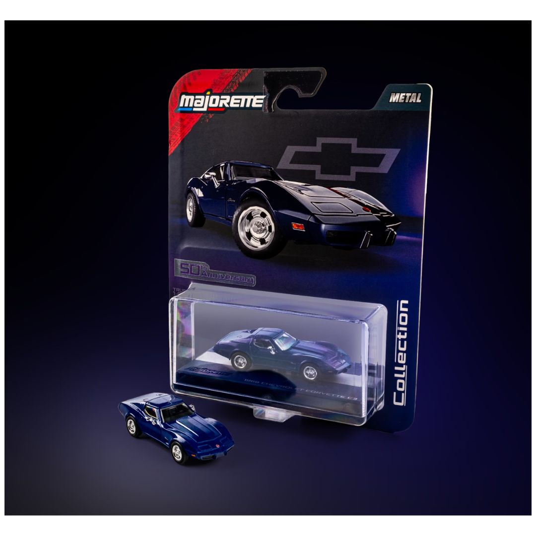 Majorette 1:64 Scale 1976 Chevrolet Corvette C3 Blue Collector’s Edition Die-Cast Model Car | Metal Chassis, Rubber Tyres & Premium Display Show Case Collection