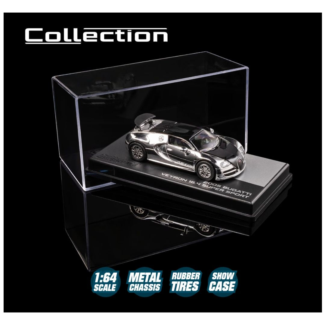 Majorette 1:64 Scale 2005 Bugatti Veyron 16.4 Super Sport Silver Chrome Collector’s Edition Die-Cast Model Car | Metal Chassis, Rubber Tyres & Premium Display Show Case Collection