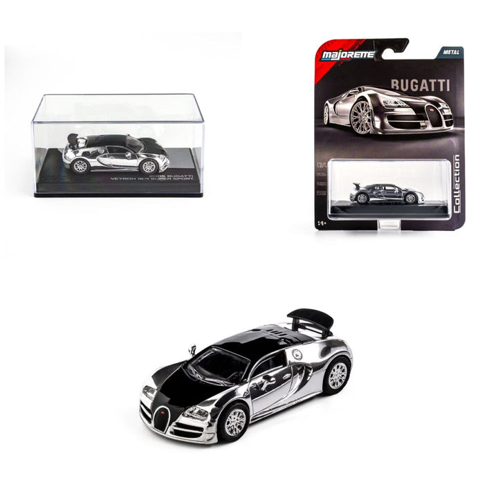 Majorette 1:64 Scale 2005 Bugatti Veyron 16.4 Super Sport Silver Chrome Collector’s Edition Die-Cast Model Car | Metal Chassis, Rubber Tyres & Premium Display Show Case Collection