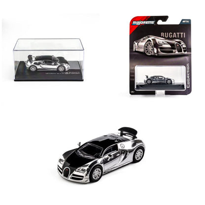 Majorette 1:64 Scale 2005 Bugatti Veyron 16.4 Super Sport Silver Chrome Collector’s Edition Die-Cast Model Car | Metal Chassis, Rubber Tyres & Premium Display Show Case Collection