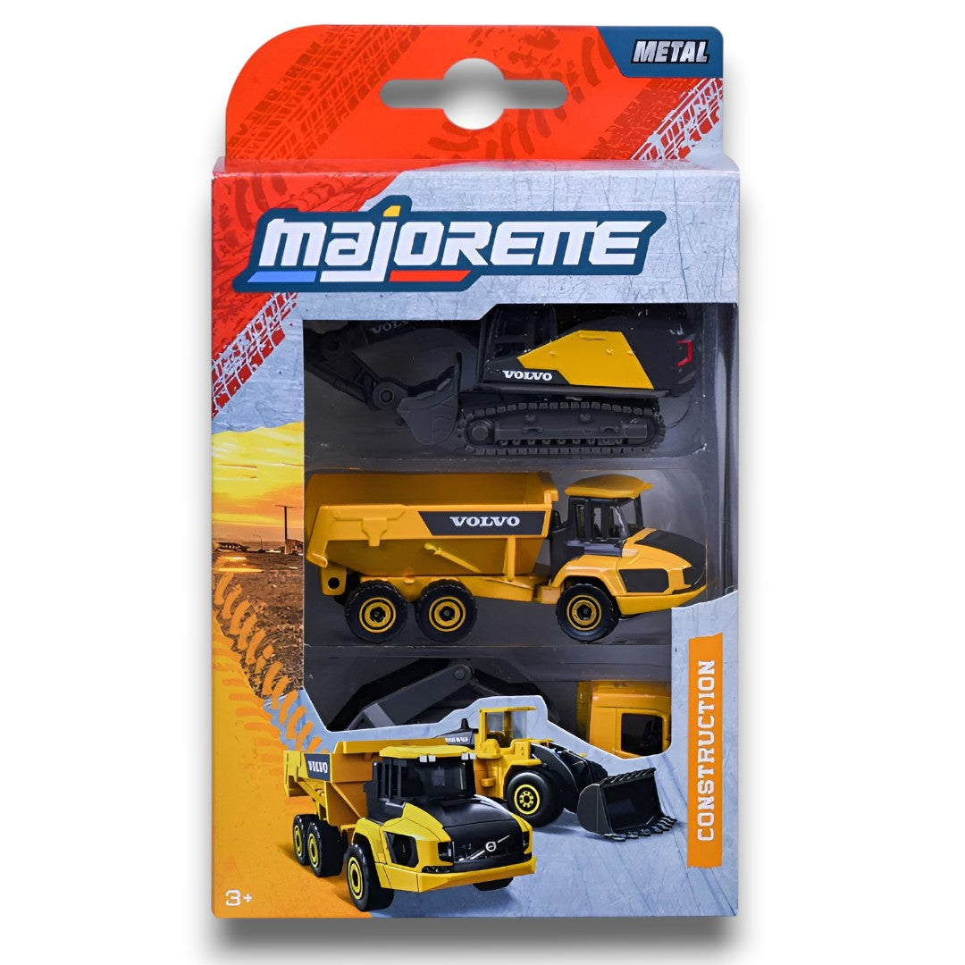 Majorette Volvo Construction Vehicles Set – (Hauler,Truck Skip & Excavator) 3 Piece Die-Cast Construction Set (3+)