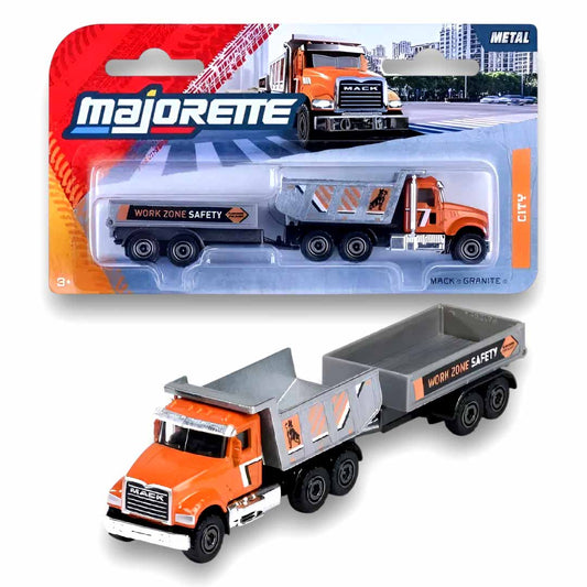 Majorette 1:64 Mack Granite Dump Truck with Trailer – Work Zone Safety Die-Cast Construction Truck Toy (3+)