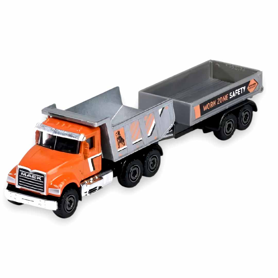 Majorette Mack Granite Dump Truck with Safety Trailer | Die-Cast Construction Vehicle Set | Collectible Toy Truck for Kids 3+
