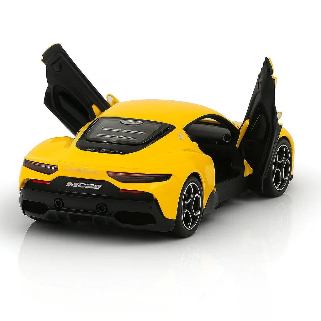 RMZ Hobby 1:32 Maserati MC20 Die-Cast Model Car – Yellow with Openable Doors, Pull-Back Action, Light & Sound (664982) - Jaiman Toys