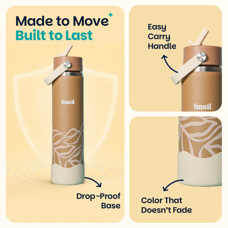 Basil 800ml Stainless Steel Water Bottle with Sipper & Carry Handle | 304 Stainless Steel, Food-Grade Silicone Base | Assorted Design Classic Black, Navy, Plum & Dune