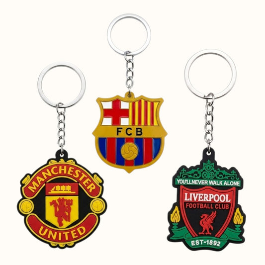 Football Club Logo Keychains Set of 3 – Manchester United F.C., FC Barcelona & Liverpool F.C. Rubber Keyrings for Fans
