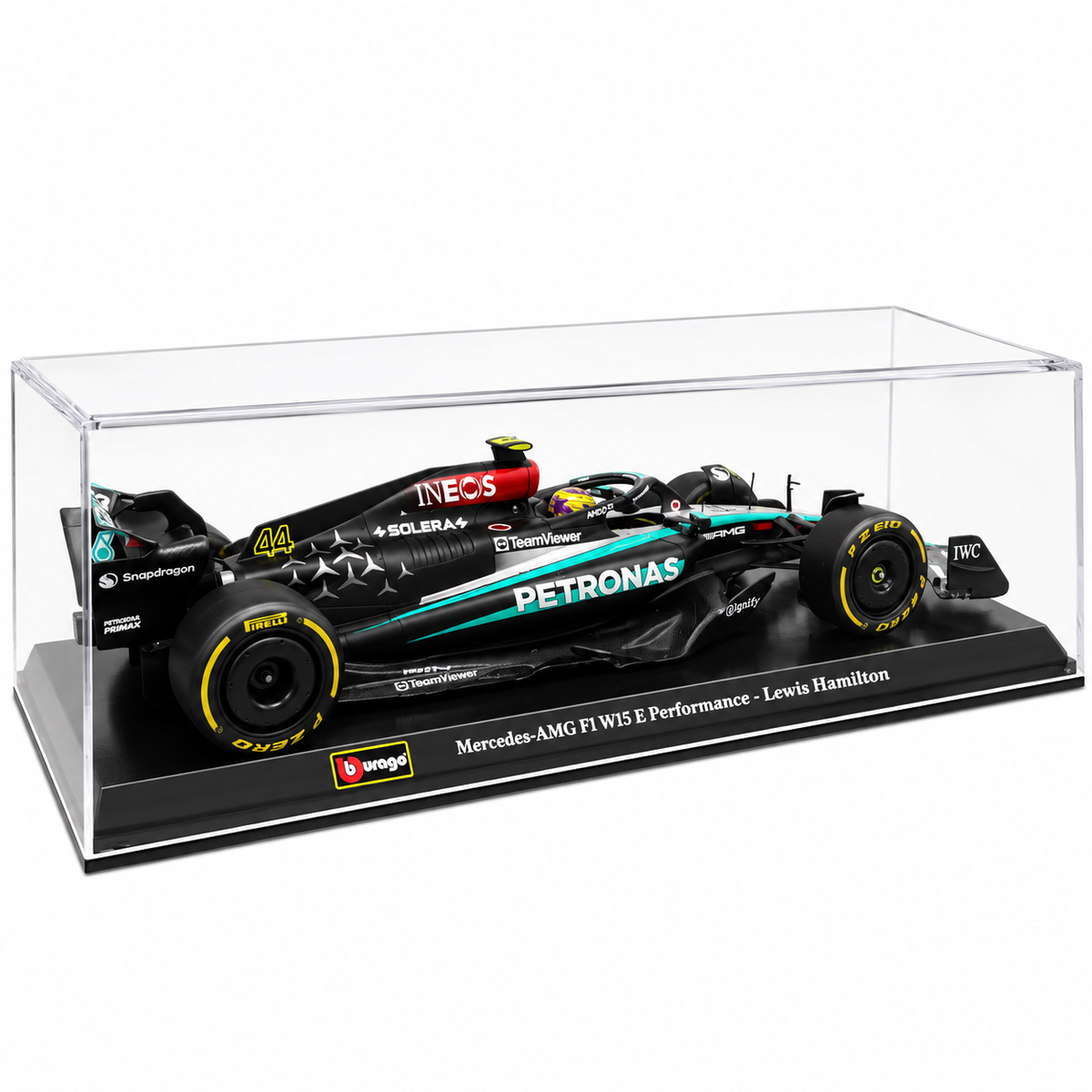 Bburago 1:24 Scale Mercedes-AMG F1 W15 E Performance Lewis Hamilton #44 Formula 1 Diecast Racing Car Model with Display Case