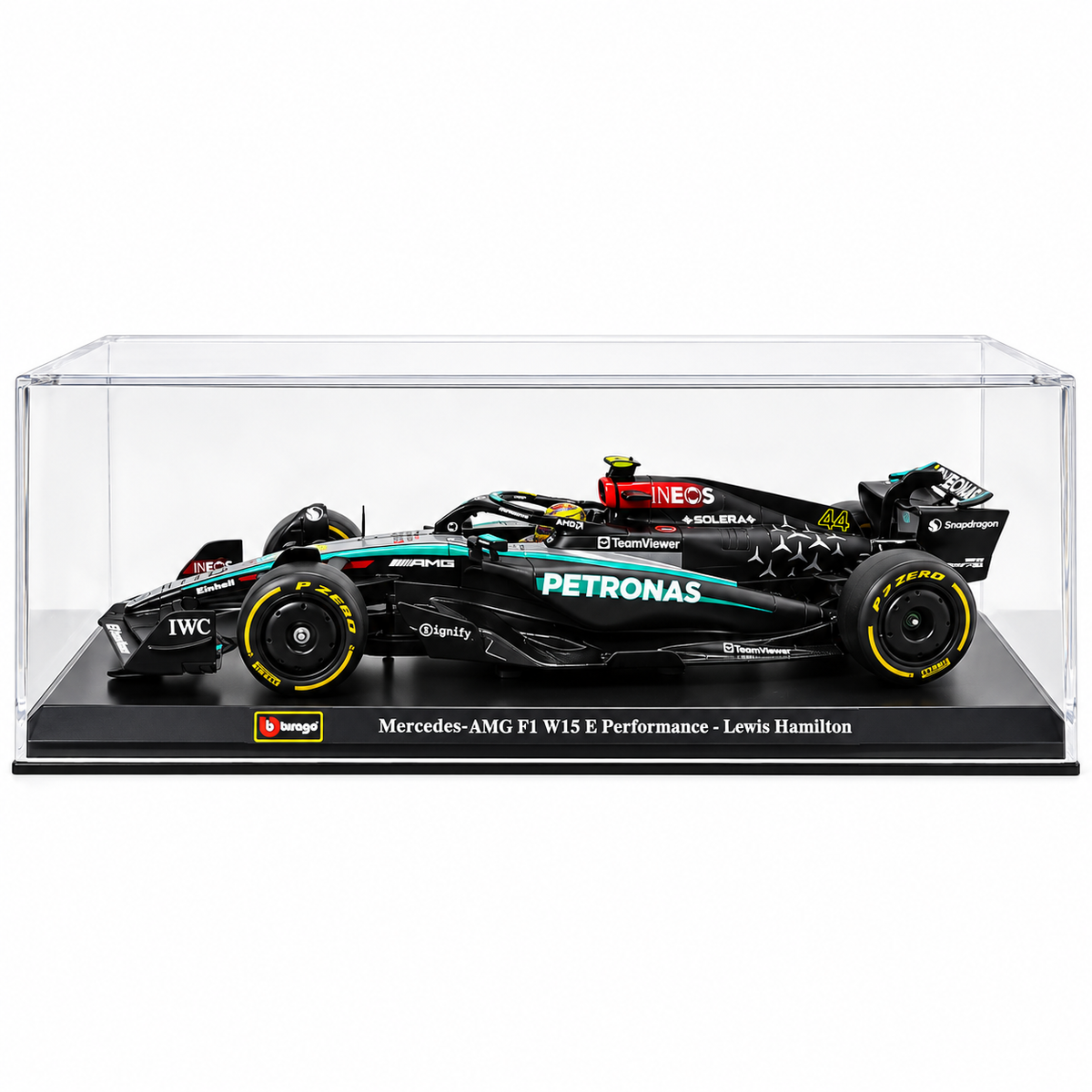 Bburago 1:24 Scale Mercedes-AMG F1 W15 E Performance Lewis Hamilton #44 Formula 1 Diecast Racing Car Model with Display Case