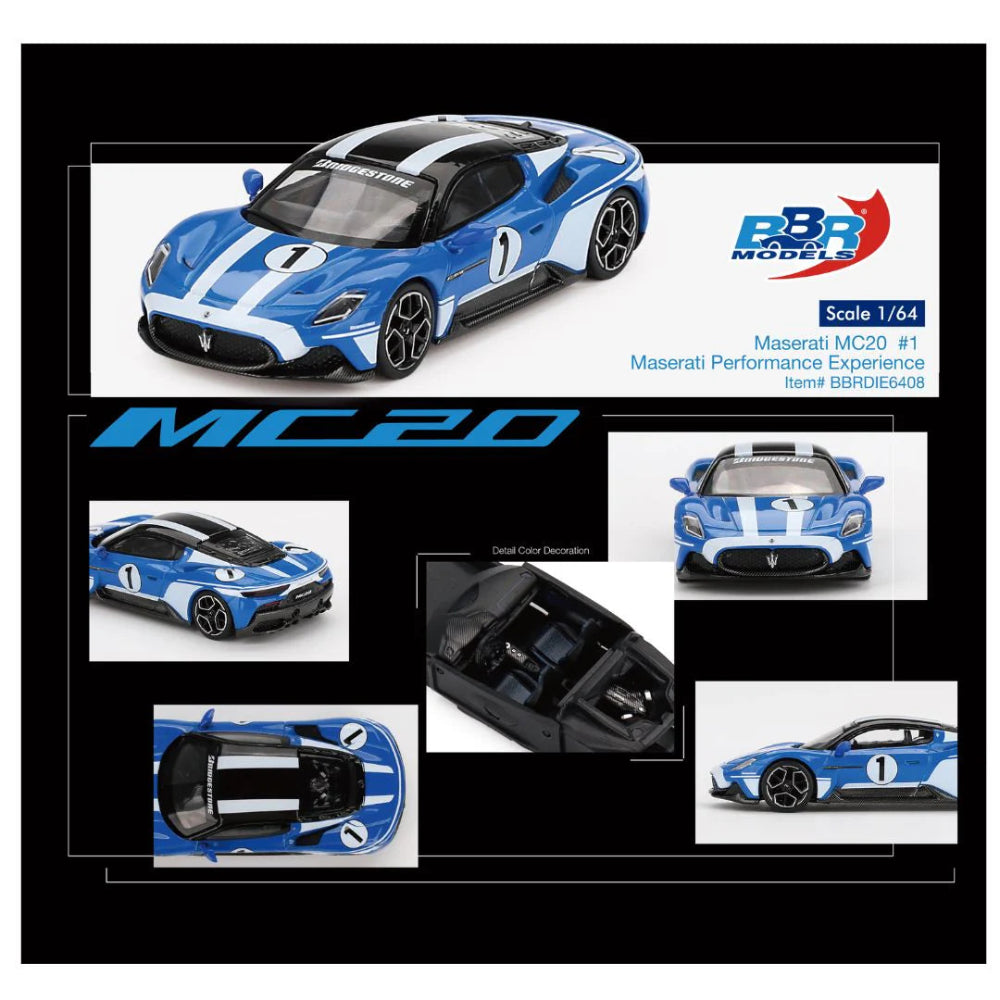 BBR Models 1:64 Maserati MC20 1  Die-Cast Model Car – Blue Racing Edition Collectible Sports Car Miniature for Collectors & Display