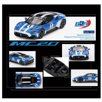 BBR Models 1:64 Maserati MC20 1  Die-Cast Model Car – Blue Racing Edition Collectible Sports Car Miniature for Collectors & Display