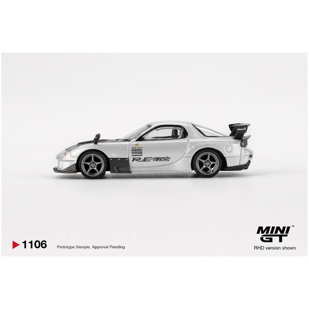Mini GT 1:64 Mazda RX-7 RE-Amemiya Silver Metallic Diecast Model Car – MGT01106-BL
