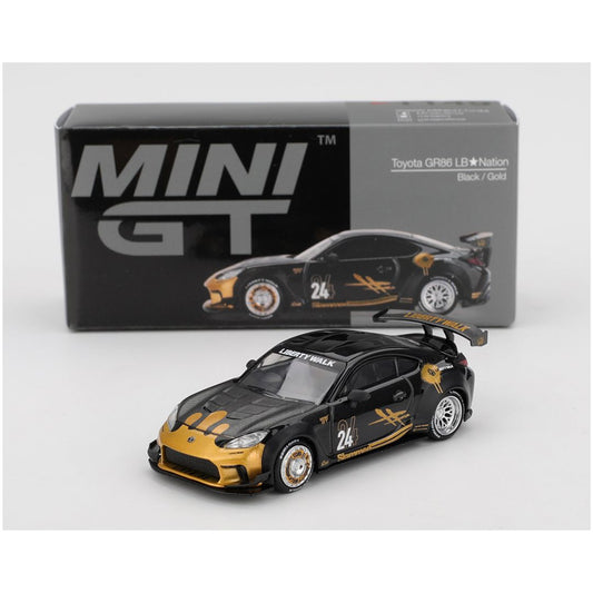 Mini GT 1:64 Toyota GR86 Liberty Walk LBWK #24 Black Gold Diecast Model Car – MGT01149-R