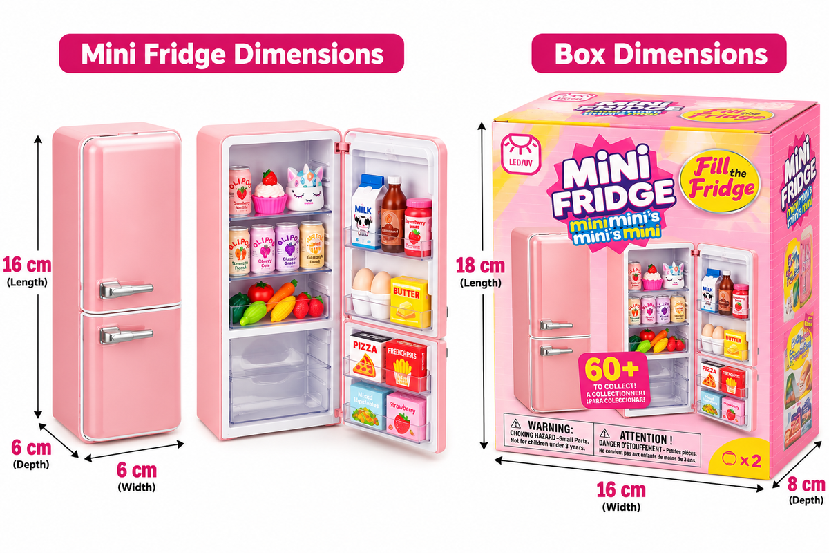 Mini Mini's Mini Mini Fridge Playset – Fill the Fridge Toy with 60+ Collectibles & Built-in LED/UV Light - Small Pink