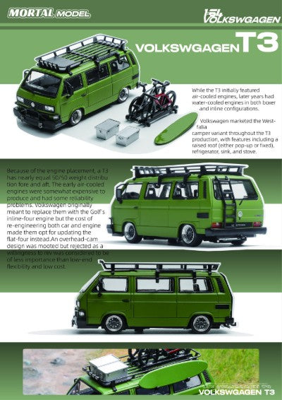 Mortal 1:64 Volkswagen T3 Lowrider Military Green Die-Cast VW Van Model with Bicycles, Roof Rack & Surfboard