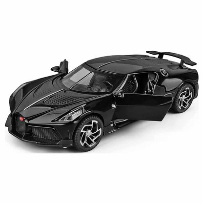Joy Junction Bugatti La Voiture Noire 1:32 Scale Die-Cast Model Car with Sound & Light – Pull Back Metal Hypercar Toy for Collectors