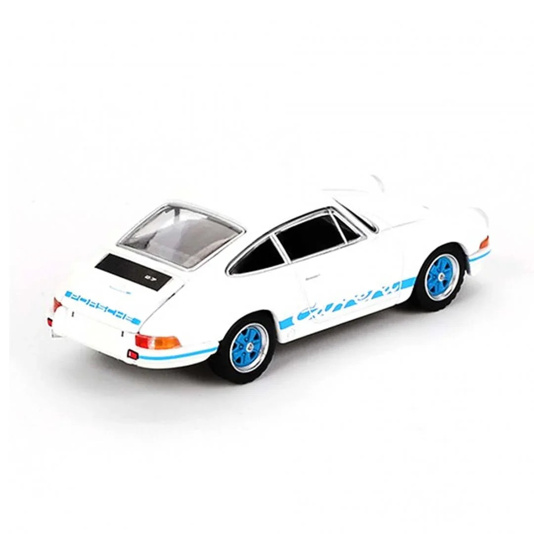 MINI GT 715: Porsche 911 Carrera RS 2.7 Grand Prix White with Blue Livery - Jaiman Toys
