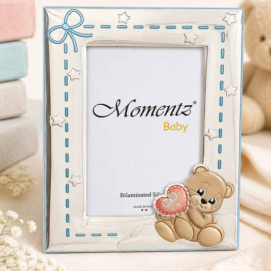 (Distress box) Momentz Baby Teddy Bear Silver Plated Photo Frame | Bilaminated Silver Baby Picture Frame for Nursery Décor & Baby Gifts (Outer Box Slightly Creased/Dirty, Product Inside Perfect Condition)