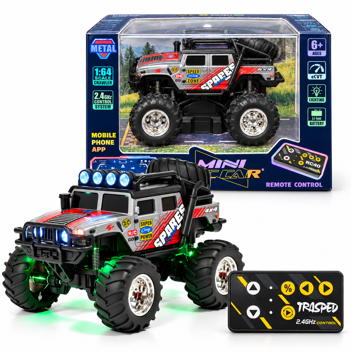 TRASPED HG4-525 Mini RC Off-Road Rock Crawler Truck – Metal Body, 2.4GHz Remote & App Control, LED Lights