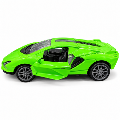 Road Burner Metal Racers 1:39 Scale Diecast Sports Car Toy – Green | Pull Back Action, Openable Doors, Metal Body, Racing Car Model for Kids 3+ Years