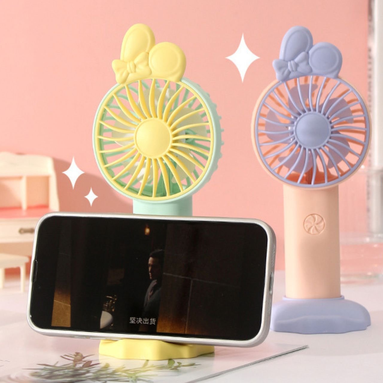 Portable Handheld Mini Fan with Stand – Cute Bow Design Personal Cooling Fan for Travel, Office & Outdoor Use (Pack of 1)