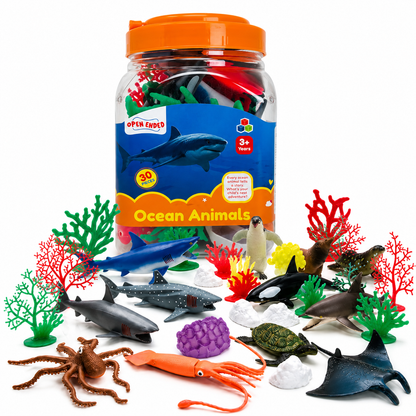 Open-Ended Ocean Animals Playset - 30 Pieces | Realistic Marine Animal Figures with Ocean Accessories | Educational Pretend Play Toy for Kids 3+ Years